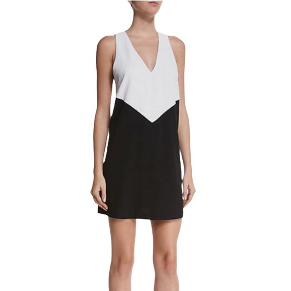 ALICE & OLIVIA Maya Colorblock Racerback Black White Deep V Sleeveless Dress - Picture 2 of 12